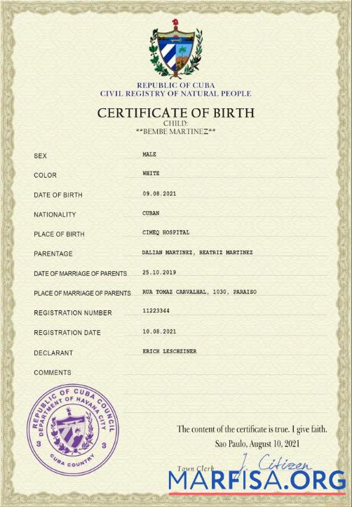Downloadable Cuba vital record birth certificate PSD template